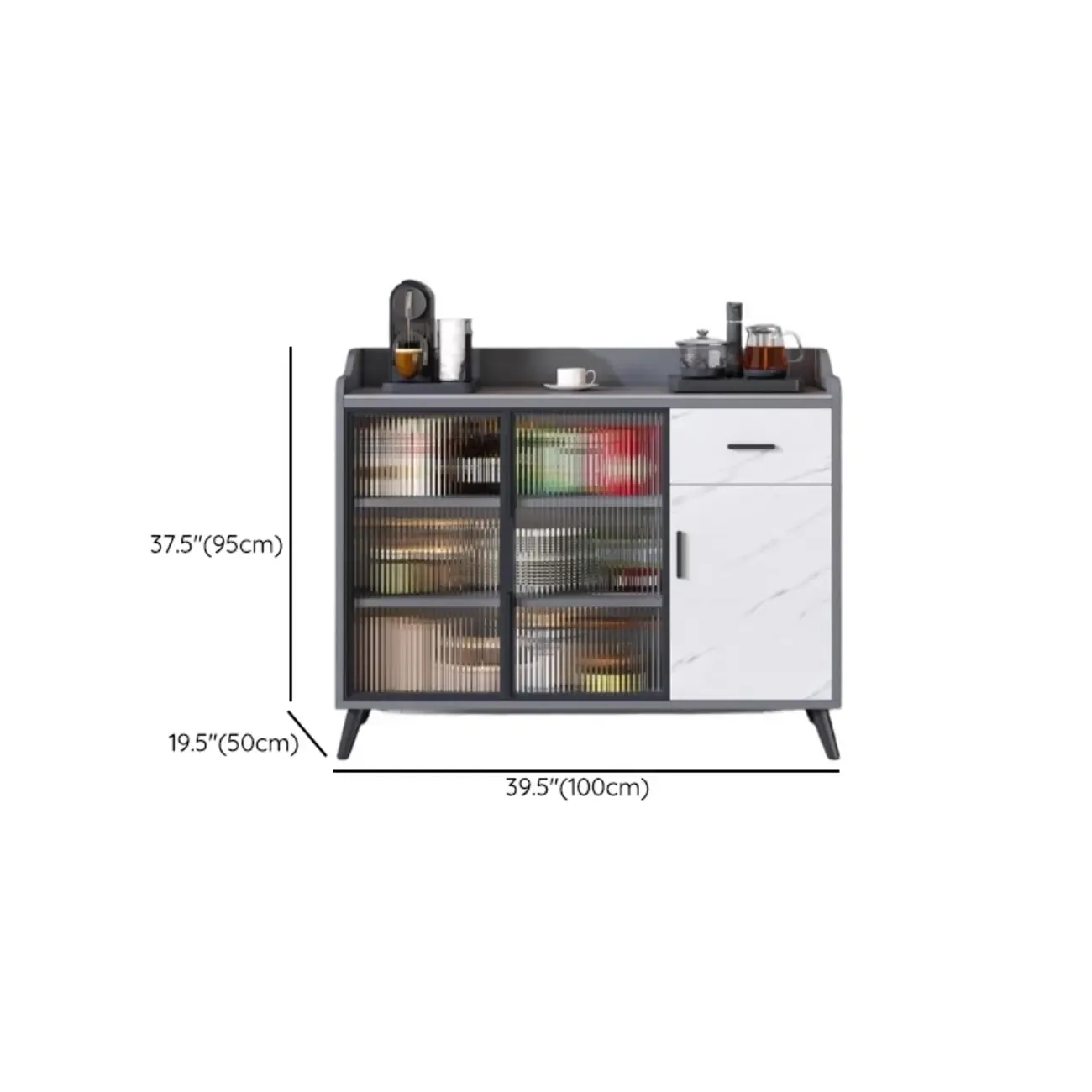 Modish Multi-Compartment Stone-Top Wood Buffet Cabinet