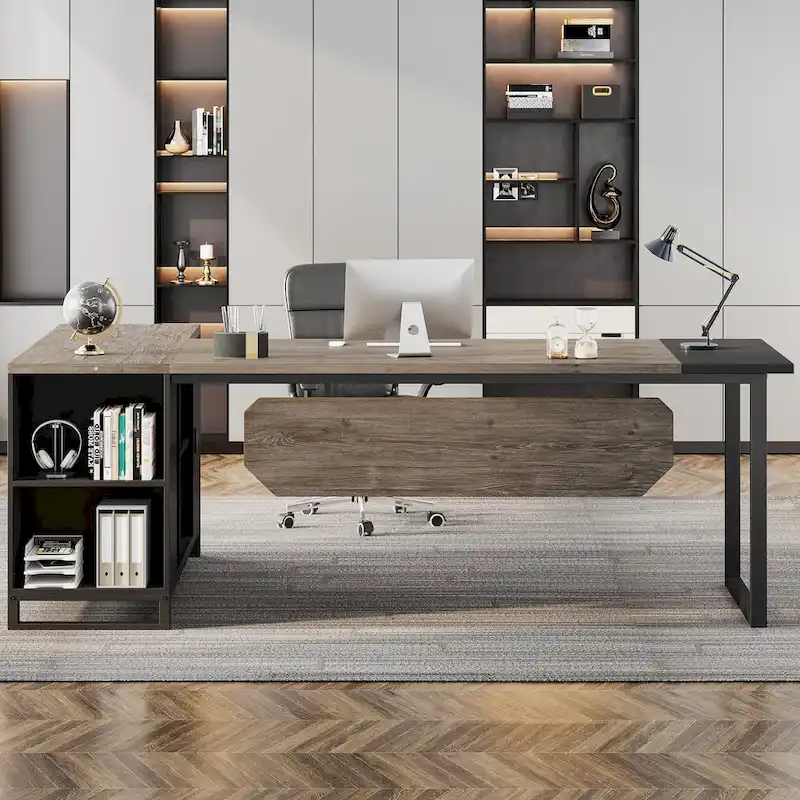 Walnut L-Shaped Executive Desk with File Cabinet