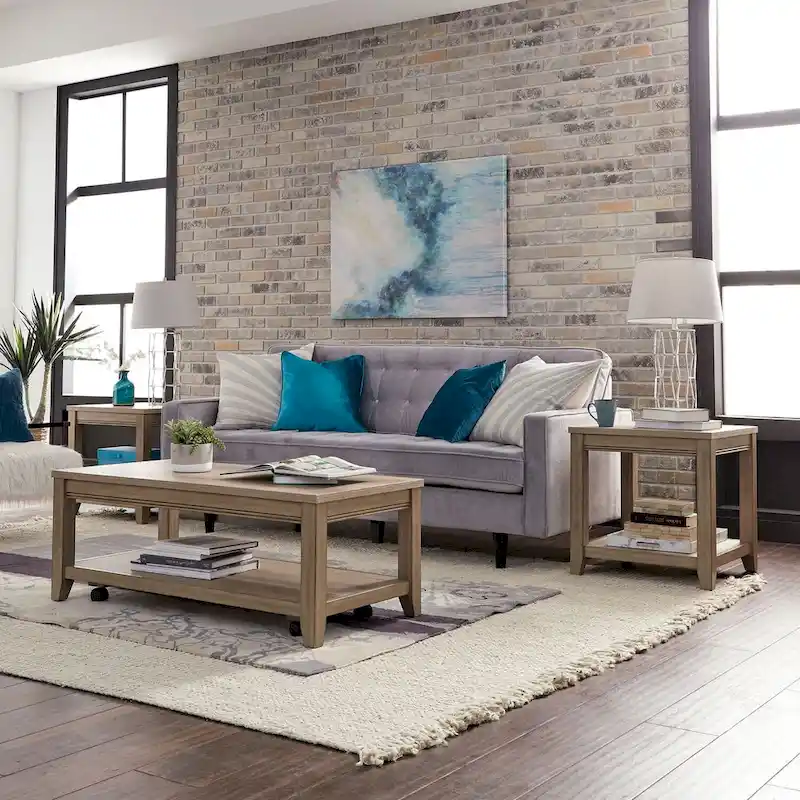 Sandstone brown living room furniture, including a coffee table and a side table.