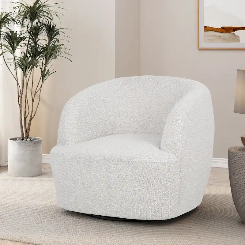 White/Beige/Black Boucle Barrel Swivel Accent Chair, Single Seat
