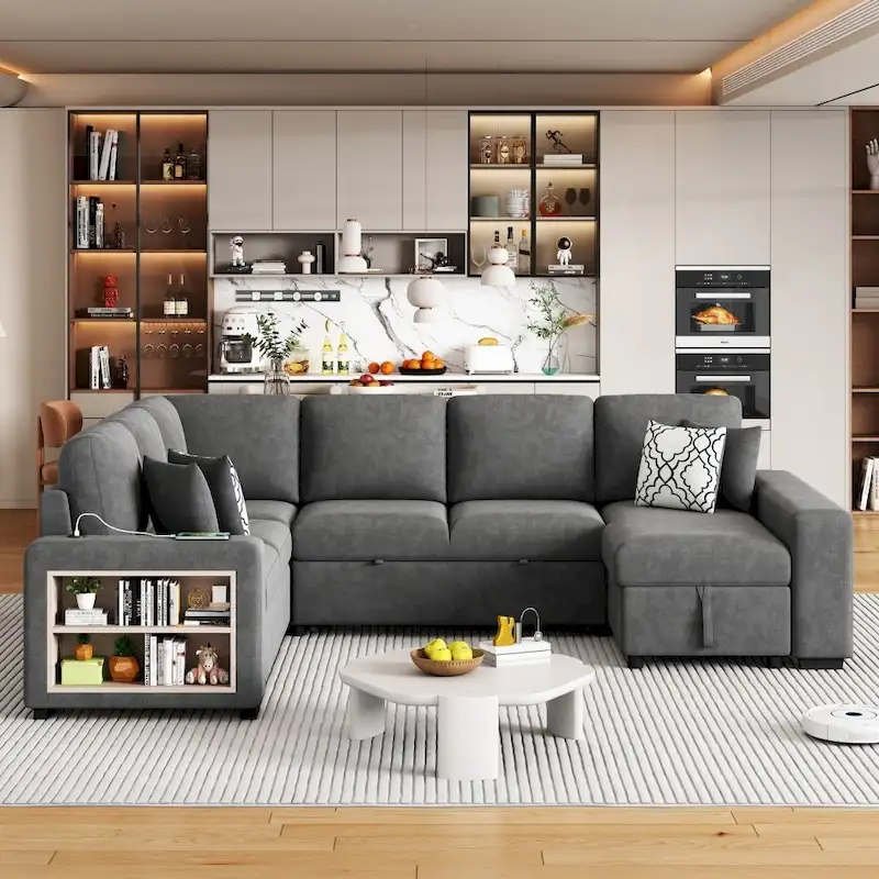 U-Shaped Sectional Sofa with Two USB Ports and Storage Chaise