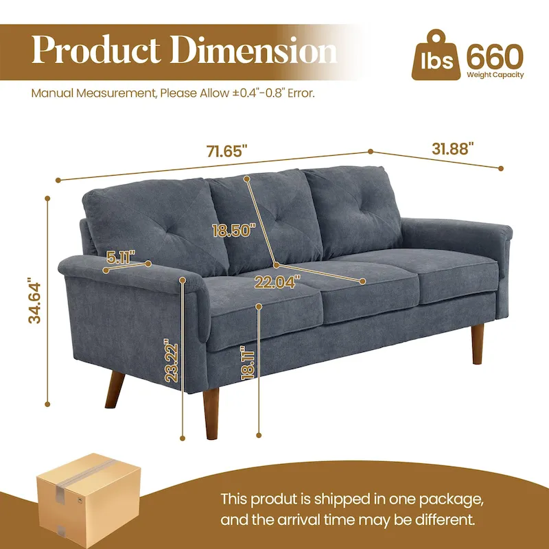 Mid-Century 3-Seat Upholstered Sofa with Wood Legs