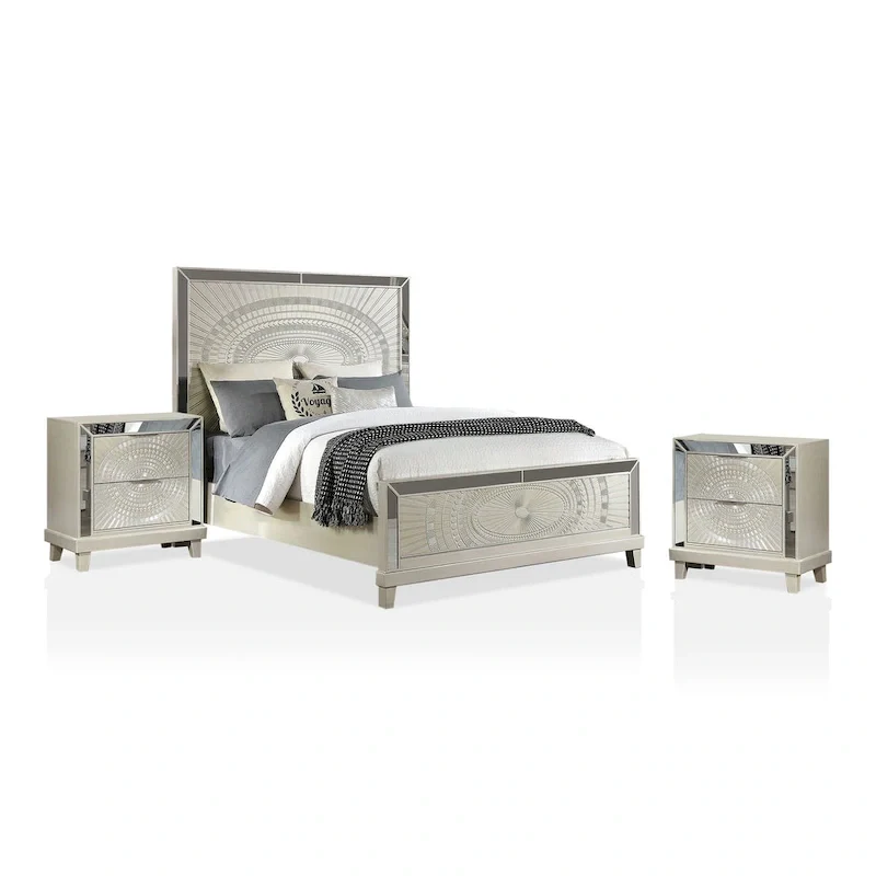Champagne Wood 3-piece Panel Bed and Nightstands Set with USB Port by Furniture of America