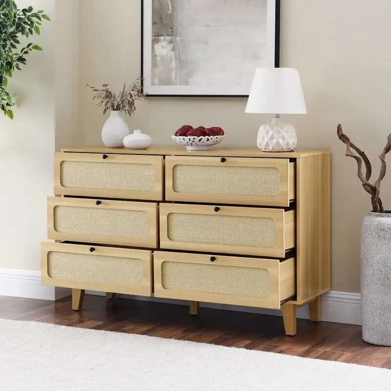 Mid-Century Modern Boho Style 6 Rattan Drawers Double Dresser with MDF Frame and Solid Wood Legs,