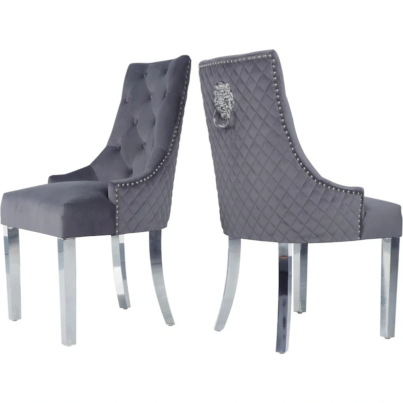Velvet Dining Chairs Set of 2, Upholstered Tufted Nailhead Dining Room Chairs with Stainless Steel Legs & Lion Head Pull Ring