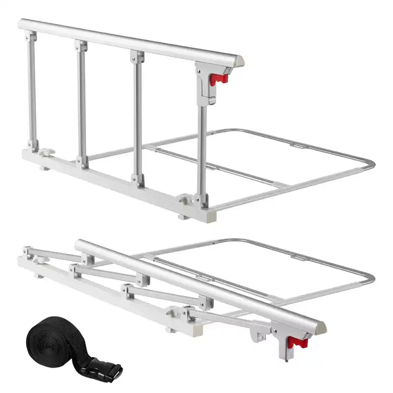 VEVOR Foldable Bed Rail for Elderly, 38 in Bedside Assist Rail with Fixing Strap, Adjustable Height Pipe Bedside Cane, High-Strength Metal, White