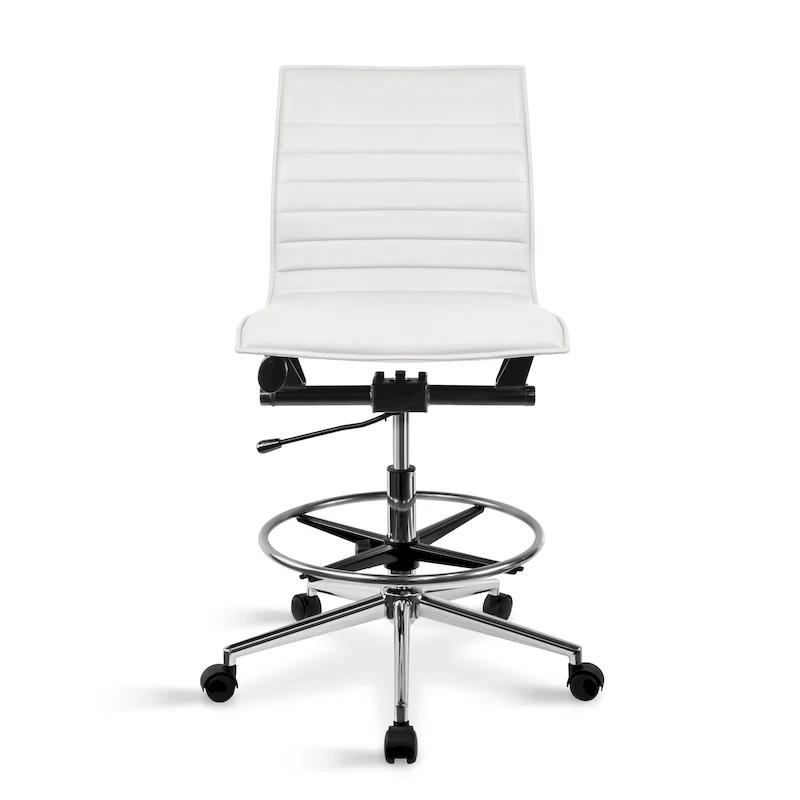 Modern Drafting Chair Upholstered PU Leather Ribbed Armless Mid Back with Tall Adjustable Base & Leg Rest