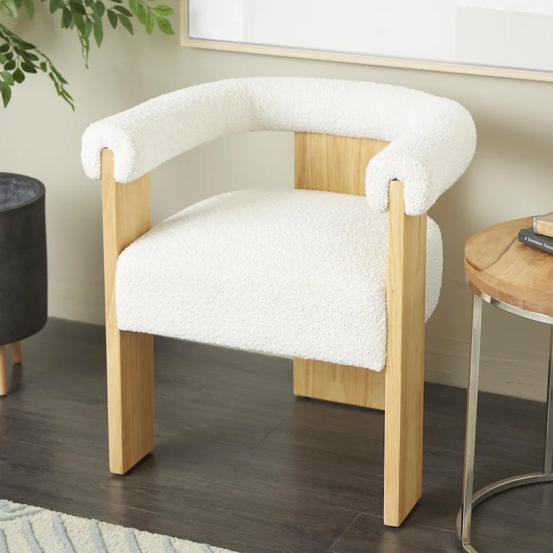 Polyester Curved Back Mid Century Modern Round Boucle Living Room Accent Chair - Cream or White
