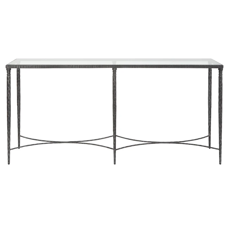 Iron Console Table with Tempered Glass Top, Rustic Black - 63W x 30H x 14D