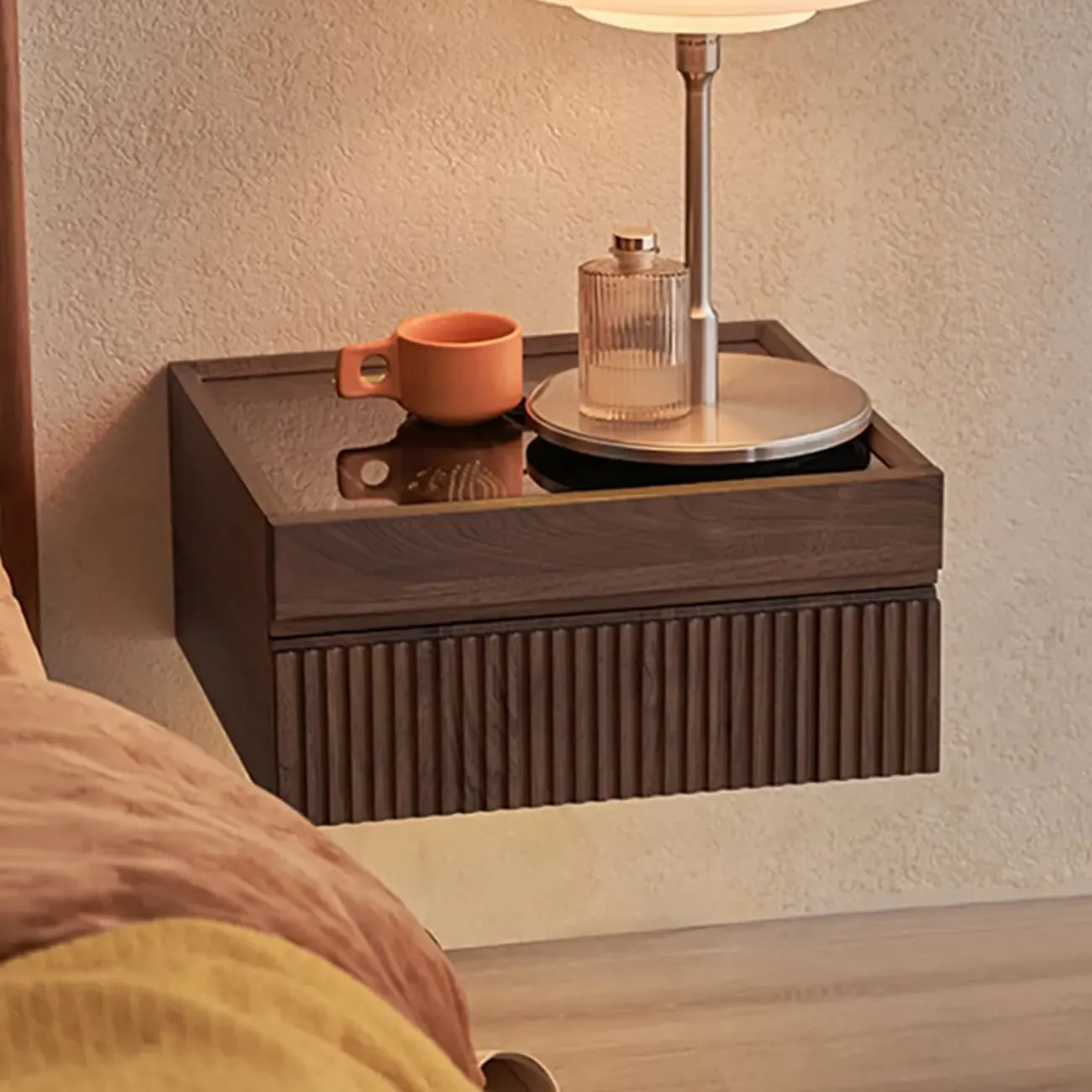 Modern Glass Top Walnut Floating Nightstand with Drawers