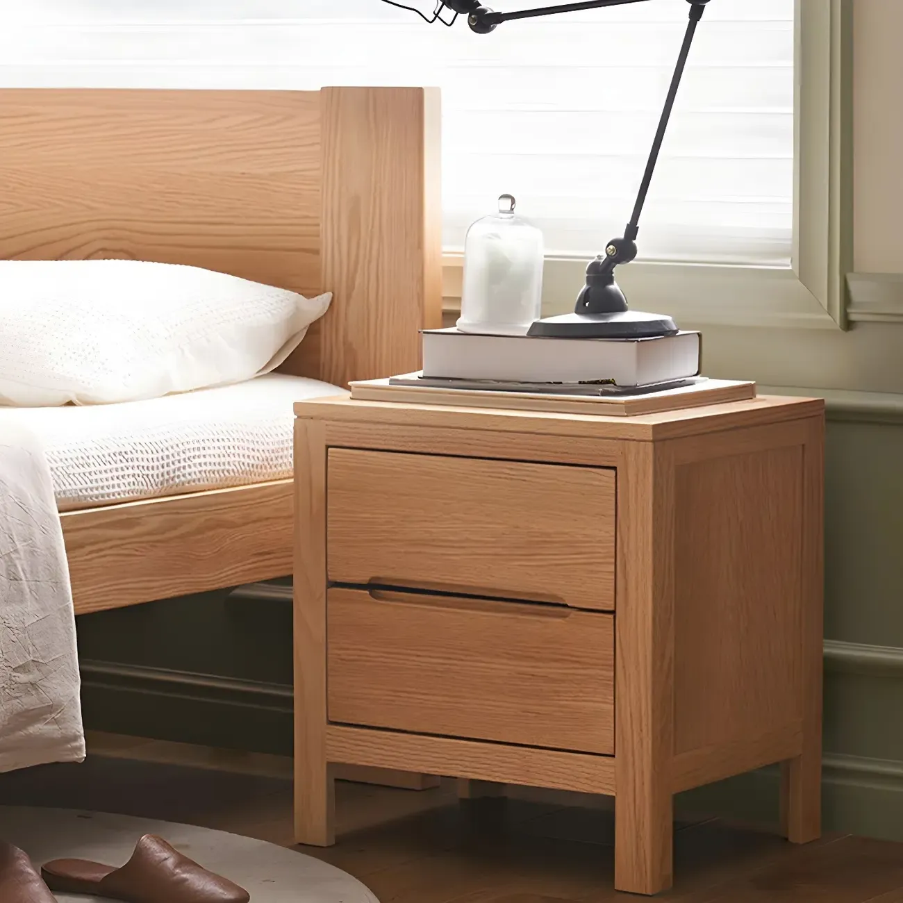 Rectangular Natural Wood 2 Drawer Bedside Nightstand