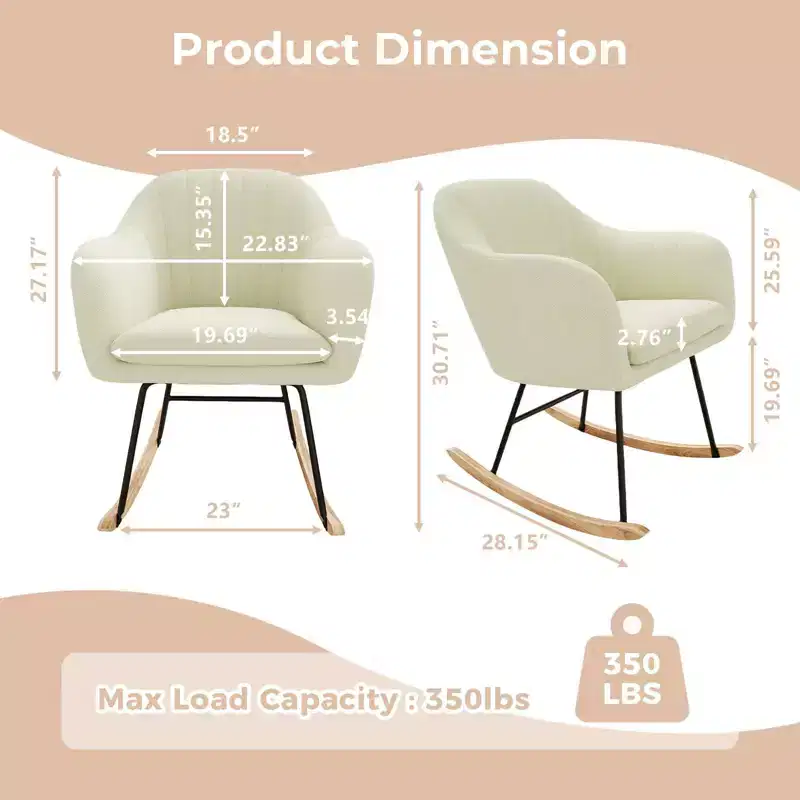 Upholstered Rocking Chair, Glider Chair with Cozy Cushion, Rocking Accent Chair with Rubber Wood Legs, Wooden Nursery Chair Hold UP to 330LB