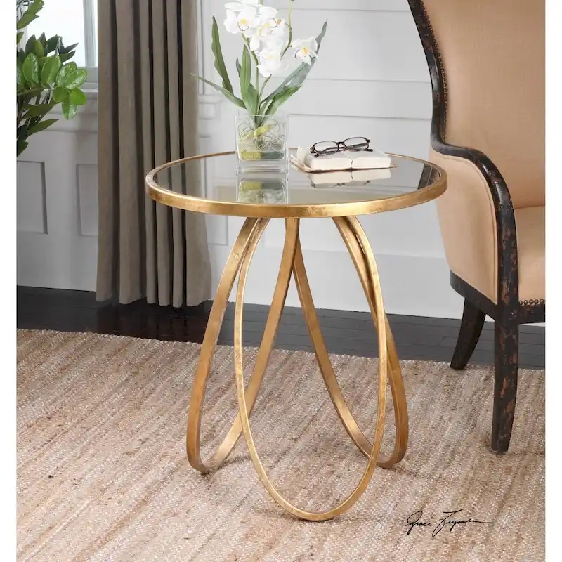 Gold Leaf & Antiqued Mirror Square Accent Table, Glam Style, 1-Person
