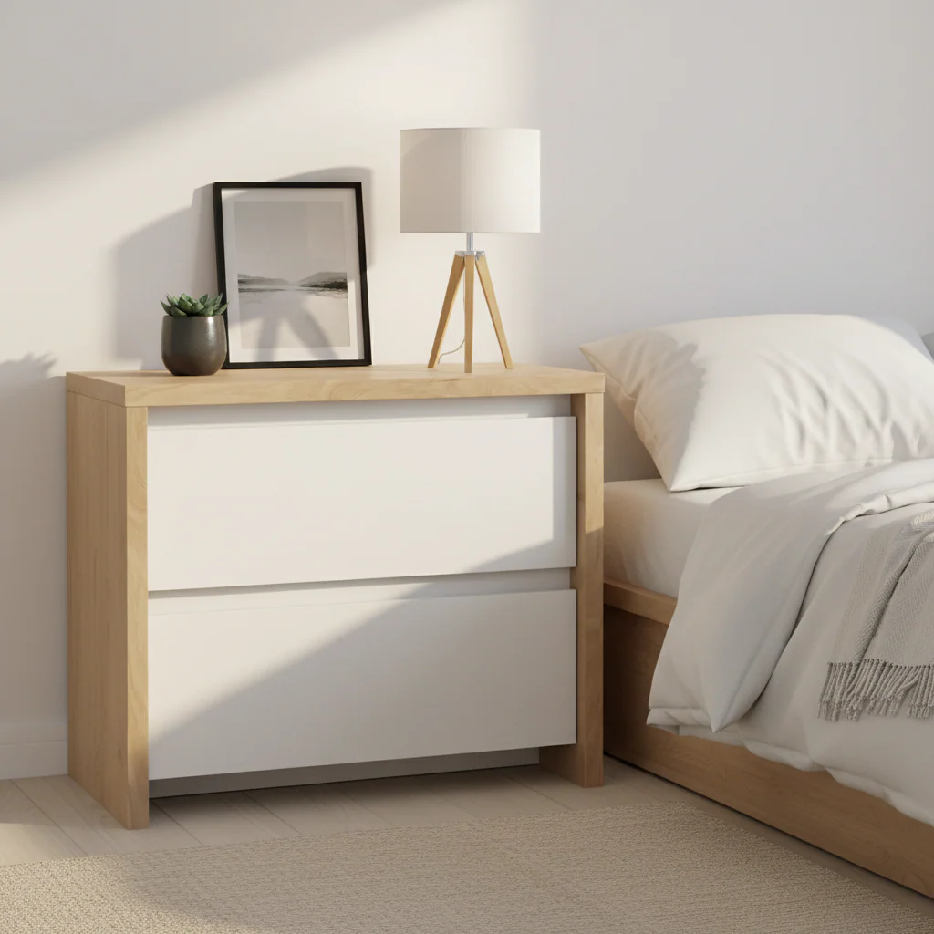 White / Hickory & White High Gloss 2-Drawer Nightstand – Scandinavian Minimalist Style