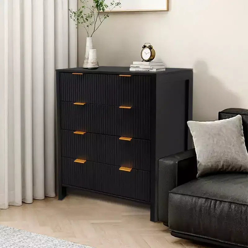 4-Drawer Tall Dresser with Fluted Design, Mid-Century Modern Chest of Drawers for Bedroom, Living Room, Hallway, Black Finish