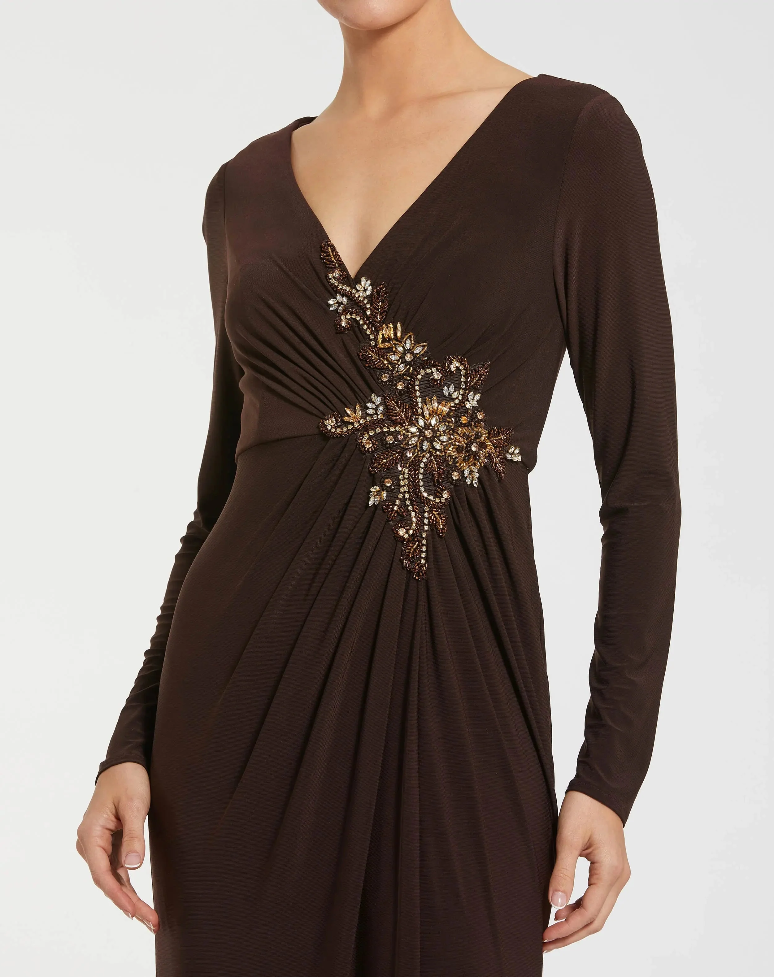Brown Faux Wrap Long Sleeve Evening Gown with Appliqué Detail