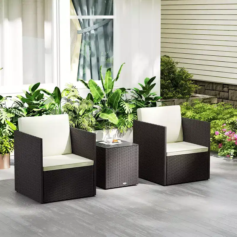 Outsunny 3 Piece Patio Furniture Set, Folding Outdoor Wicker Bistro Set with Cushions and Glass Coffee Table, Easy Assembly for Porch, Balcony, Brown