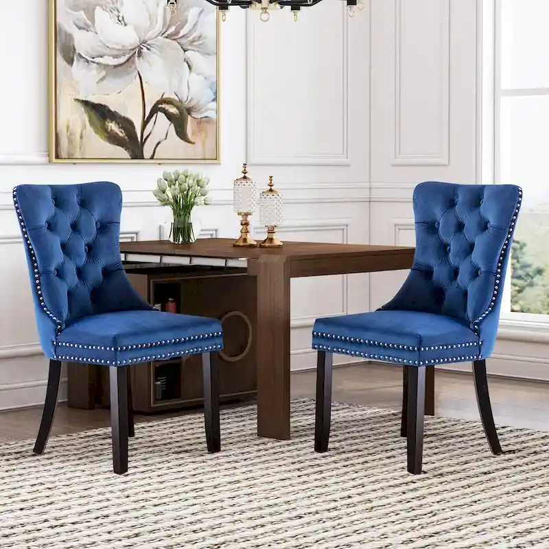 Velvet Dining Chairs Set of 2 with Tufted Back, Nailhead Trim and Solid Wood Legs