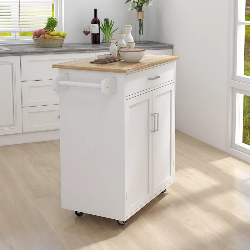 Rolling Kitchen Island Trolley Cart with Adjustable Shelves, Solid Wood Tabletop and Towel Rack