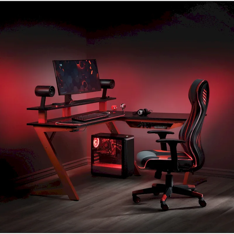 L-Shaped Gaming Desk with RGB Lighting and USB Hub