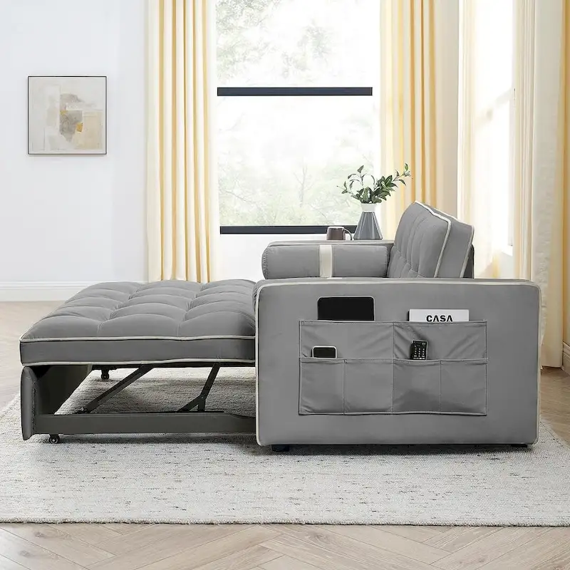 Modern 55.5 Velvet Pull-Out Adjustable Sofa Bed with Side Pockets