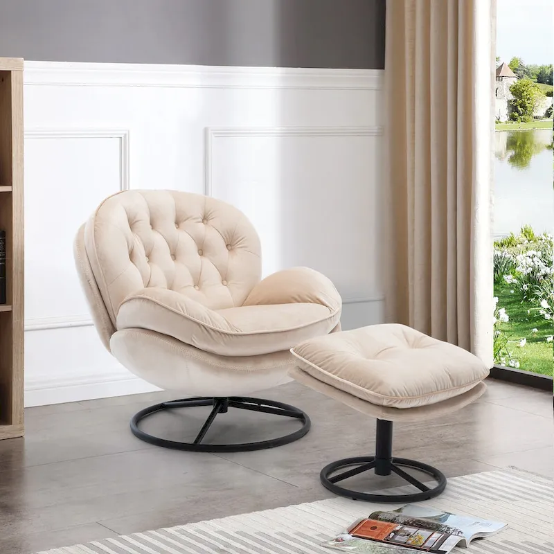 Beige Modern 31.7 Swivel Accent Chair with Ottoman