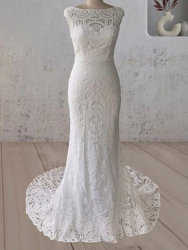 White Mermaid Cap Sleeve Lace Wedding Dress