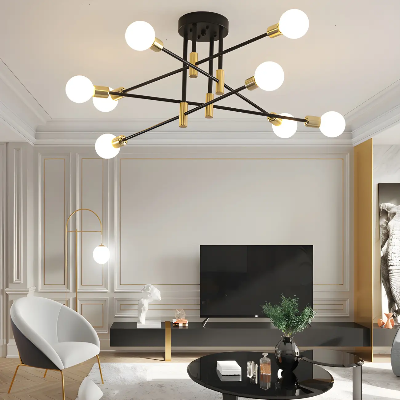 Modern Industrial Black Gold Sputnik Semi Flush Ceiling Light