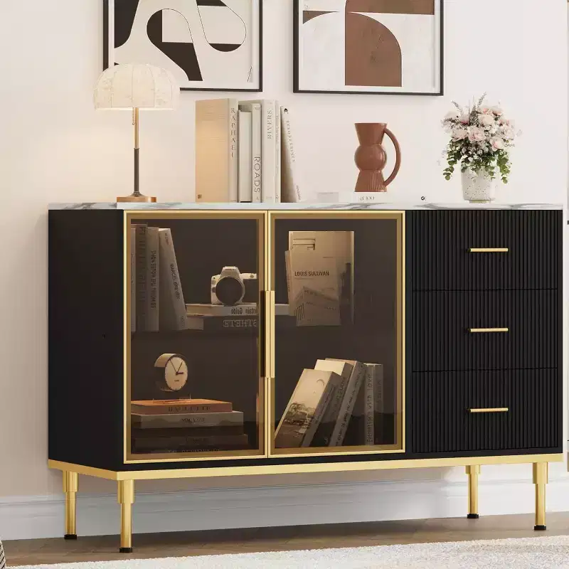 Modern Buffet Cabinet with Storage, Fluted Sideboard Cabinet with Drawers & Glass Doors for Entryway, Living Room, Kitchen