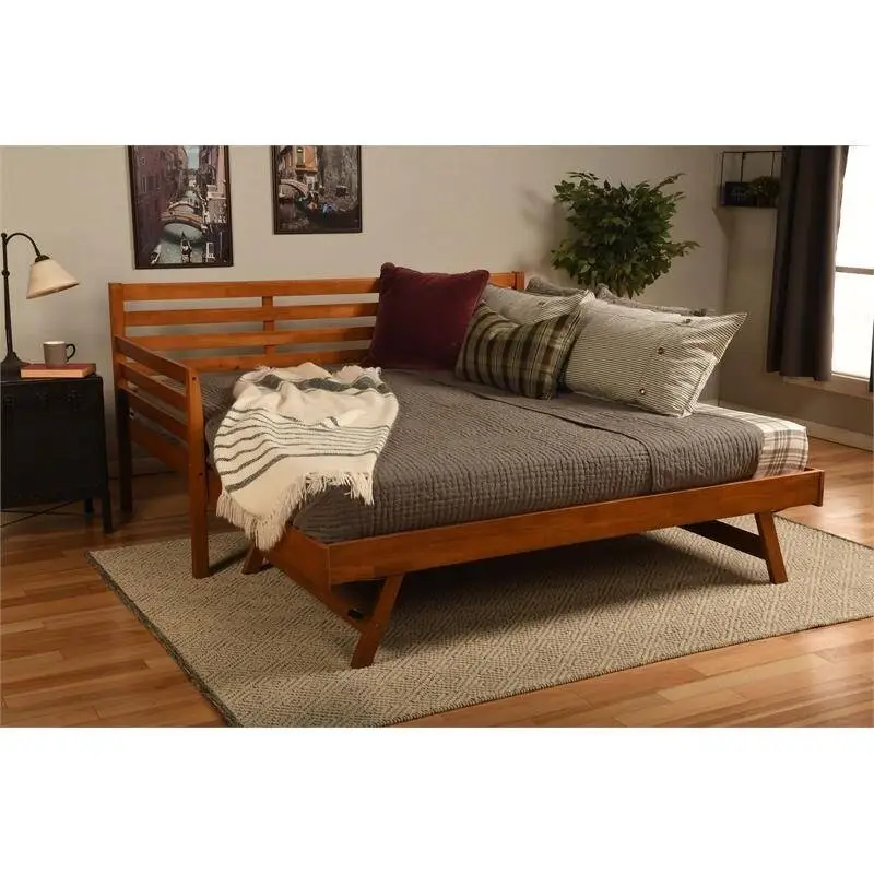 Brown/Walnut/White Solid Wood Daybed with Pop-Up Trundle, Sleeps 1–2