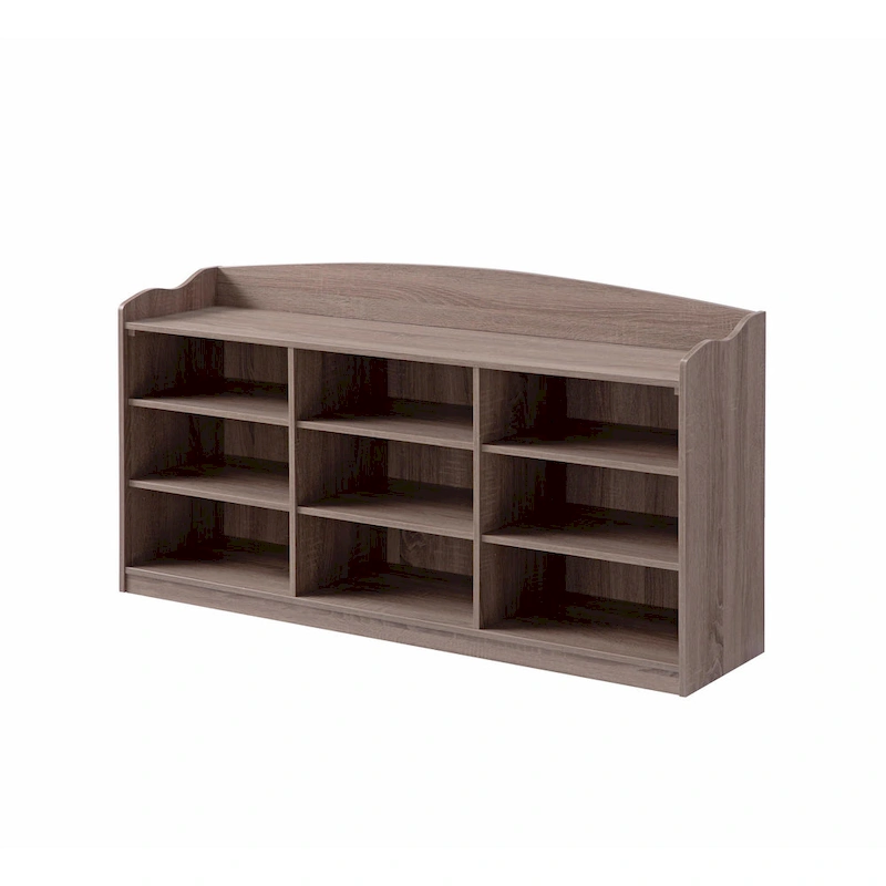 Hale Shoe Bench, 48 Inch Top, 9 Open Compartments, Taupe Brown Finish