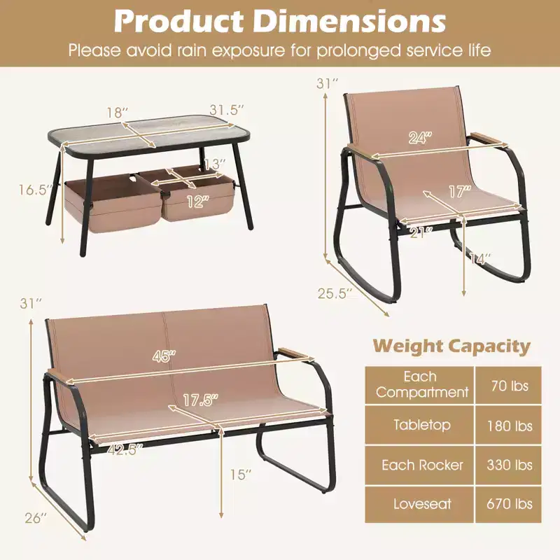 Costway 4 PCS Patio Furniture Set with 2 Rocking Bistro Chairs 2-Tier Coffee Table