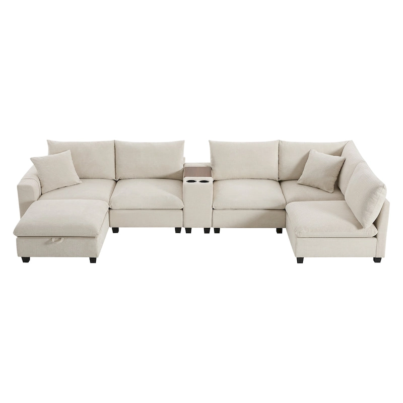U Shaped Chenille Sofa w/Ottoman,Console,Cup Holder,Wide Seat,USB