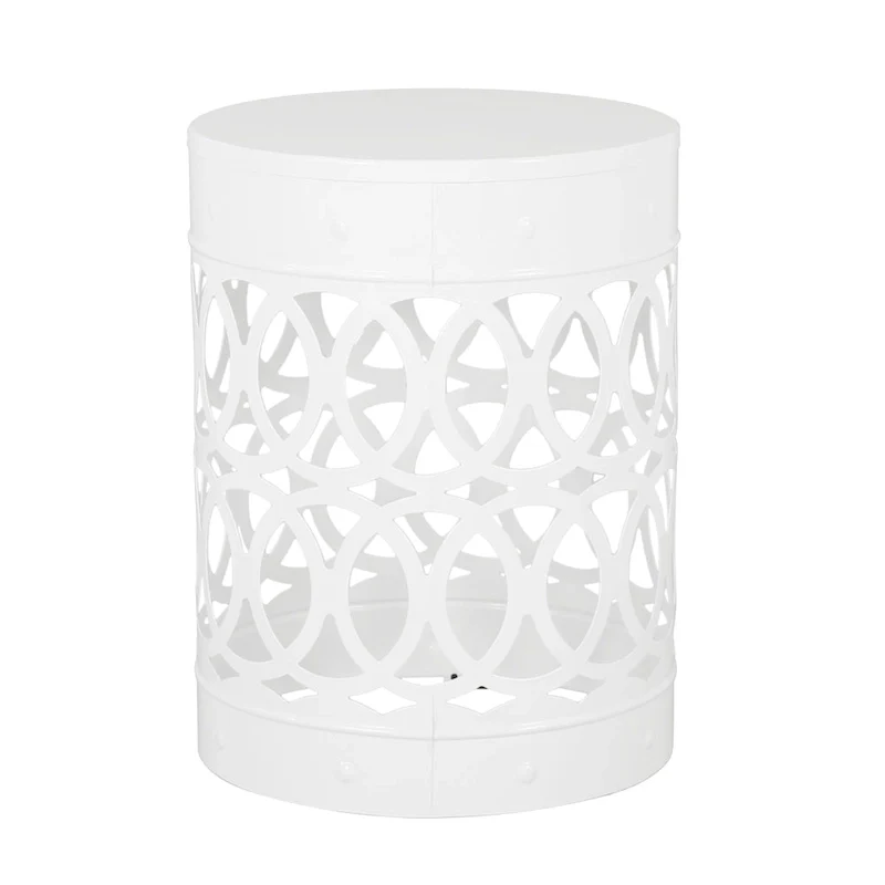 Feio Outdoor Side End Table 14 Inch Round Geometric Pattern White Iron