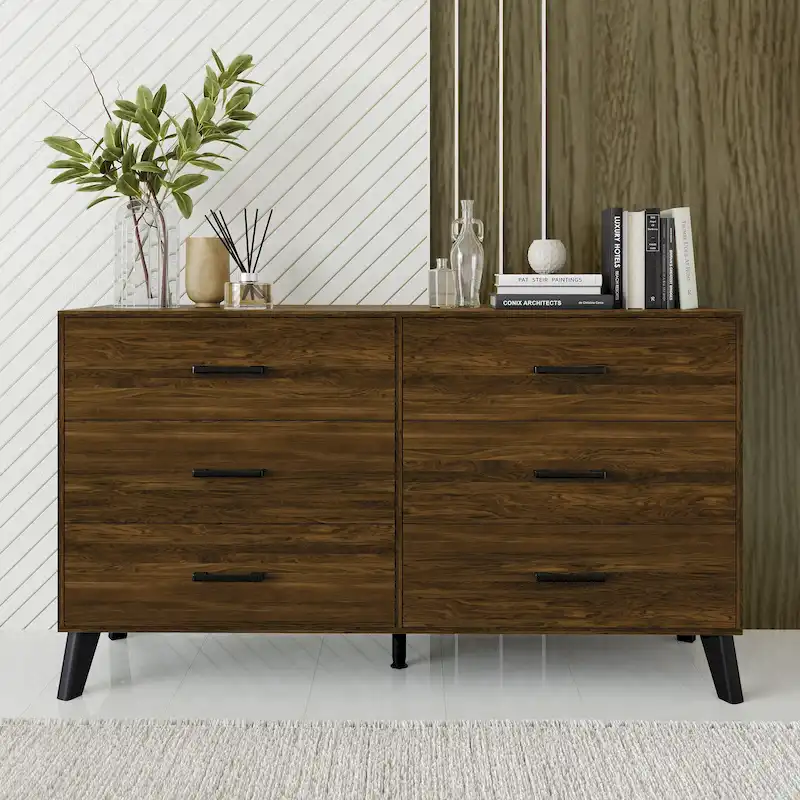 6-Drawer Wooden Dresser with Tapered Legs – Brown / Dark Grey / Light Grey, Classic Style, Single