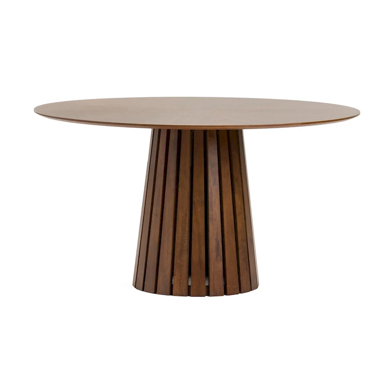 54 Inch Round Dining Table, Walnut Veneer, Slatted Pedestal Base