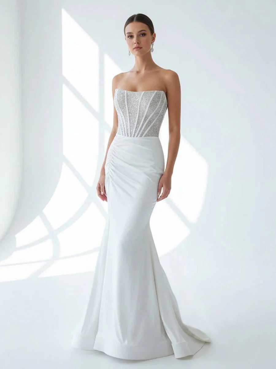 White Mermaid Strapless Satin Long Prom Dresses With Beading