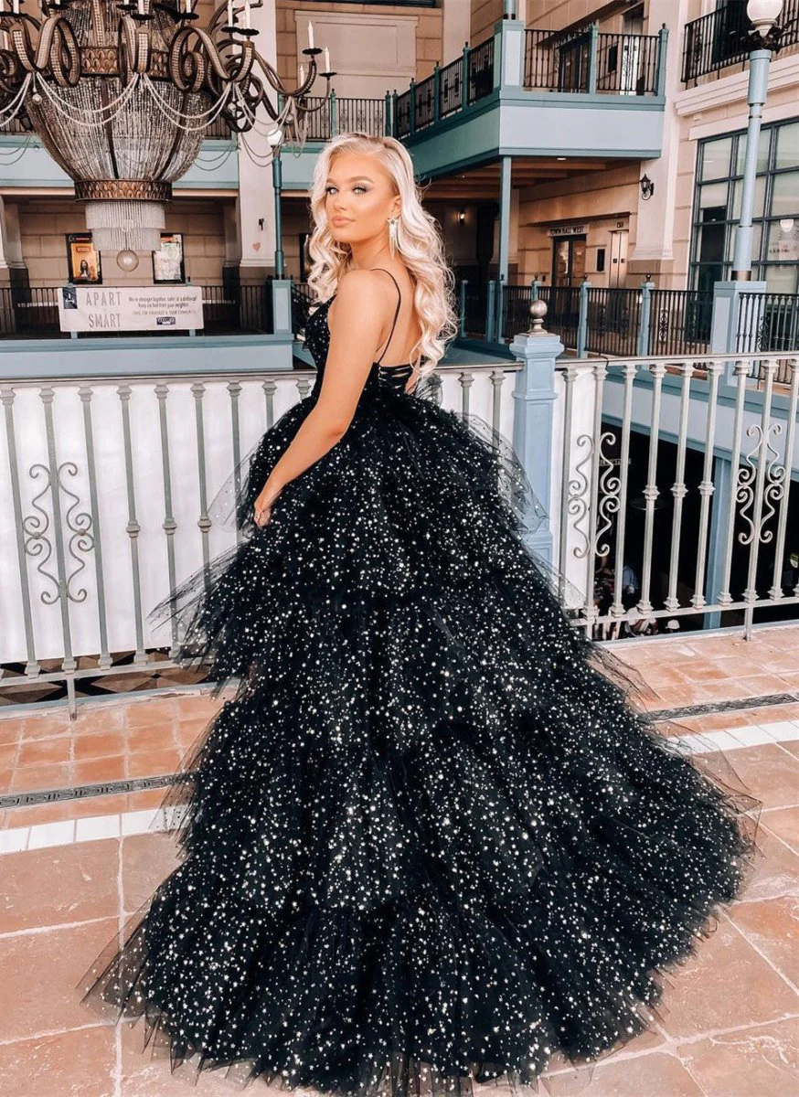 A Line Spaghetti Straps Tiered Tulle High Low Prom Dress