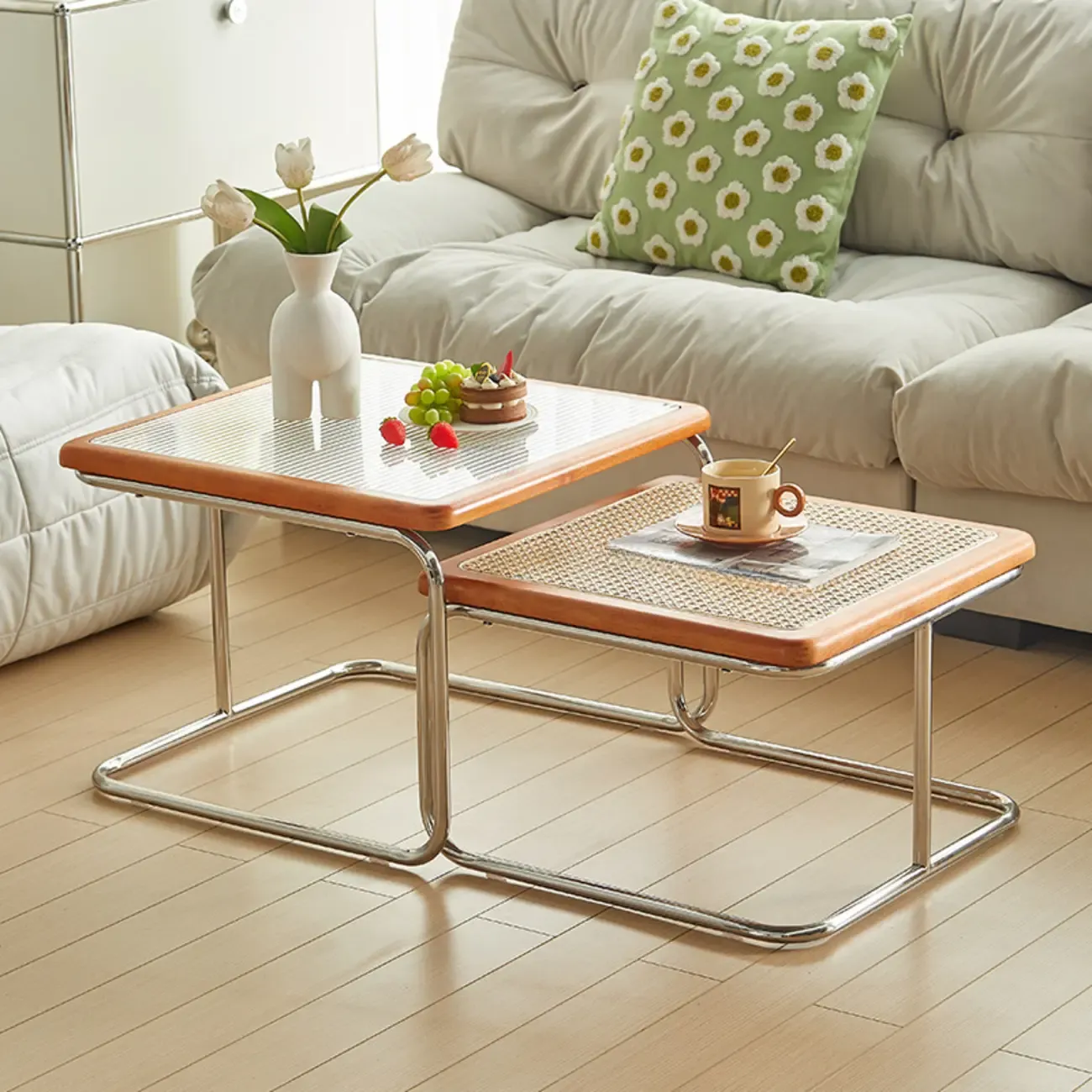 Cherry Finish Rattan Glass Square Nesting Coffee Table