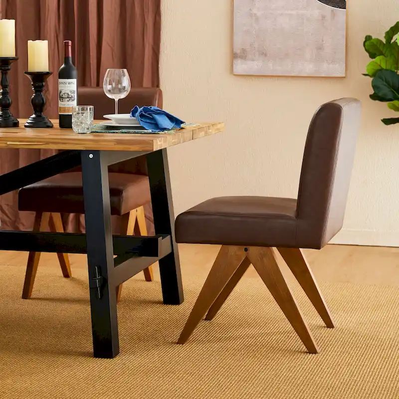 Glitzhome Set of 4 Faux Leather Upholstered Side Dining Chairs with V-shaped Wood Legs