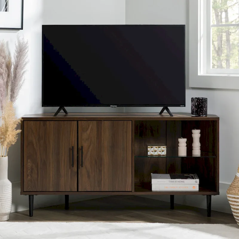 48-Inch Corner TV Stand with Open Shelves, Modern Wood Finish