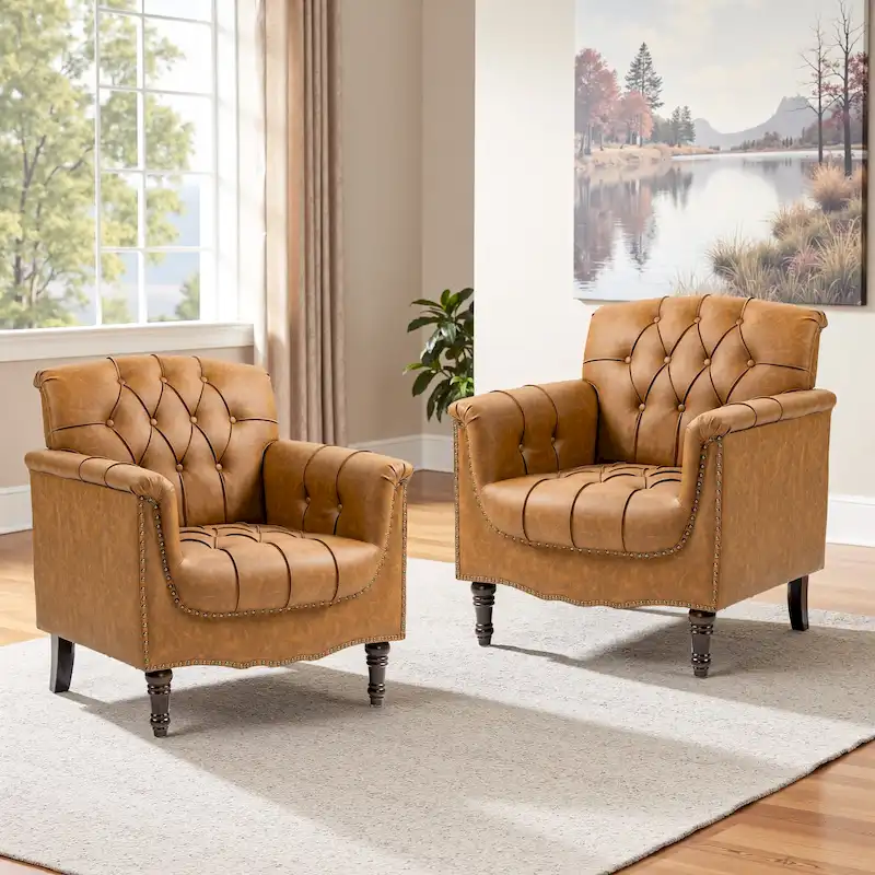 Tufted Vegan Leather Accent Chairs (2 Chairs), Armchair with Nailhead Trim