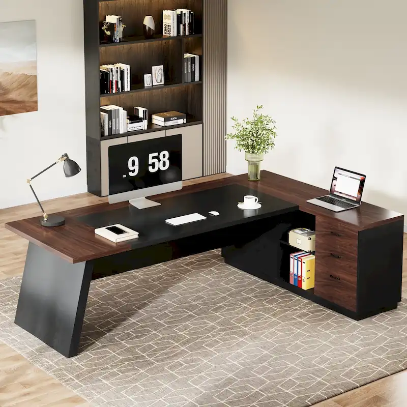 L-Shaped Executive Desk with Drawers & File Cabinet – Walnut+Black / Grey+Black, Single User