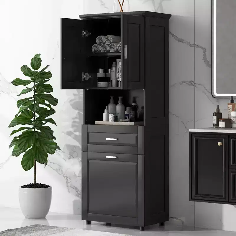 GDFStudio Nolan Modern Wood Tall Bathroom Storage Cabinet with Tilt-Out Laundry Hamper, Double-Door Cabinet, Upper Shelves and Drawer