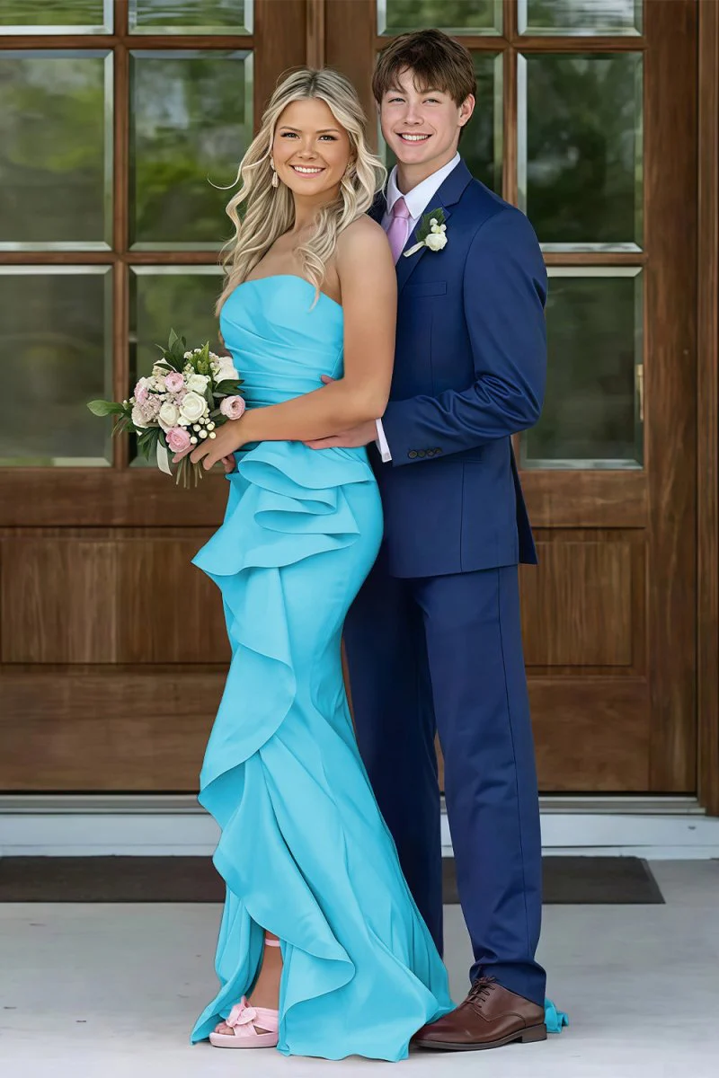 Pink Mermaid Strapless Satin Ruffled Long Prom Dresses with Slit