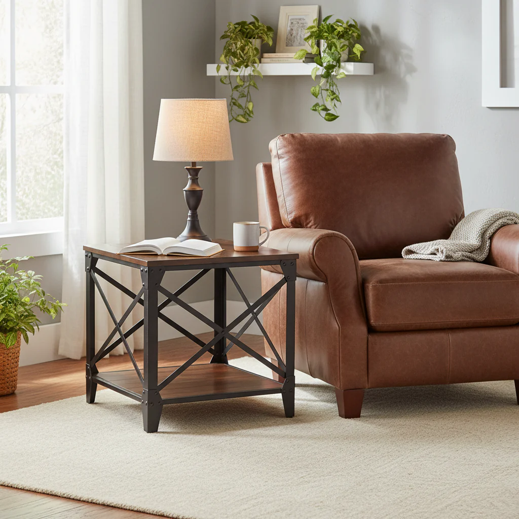 Solid Wood and Iron Rustic Square Side Table