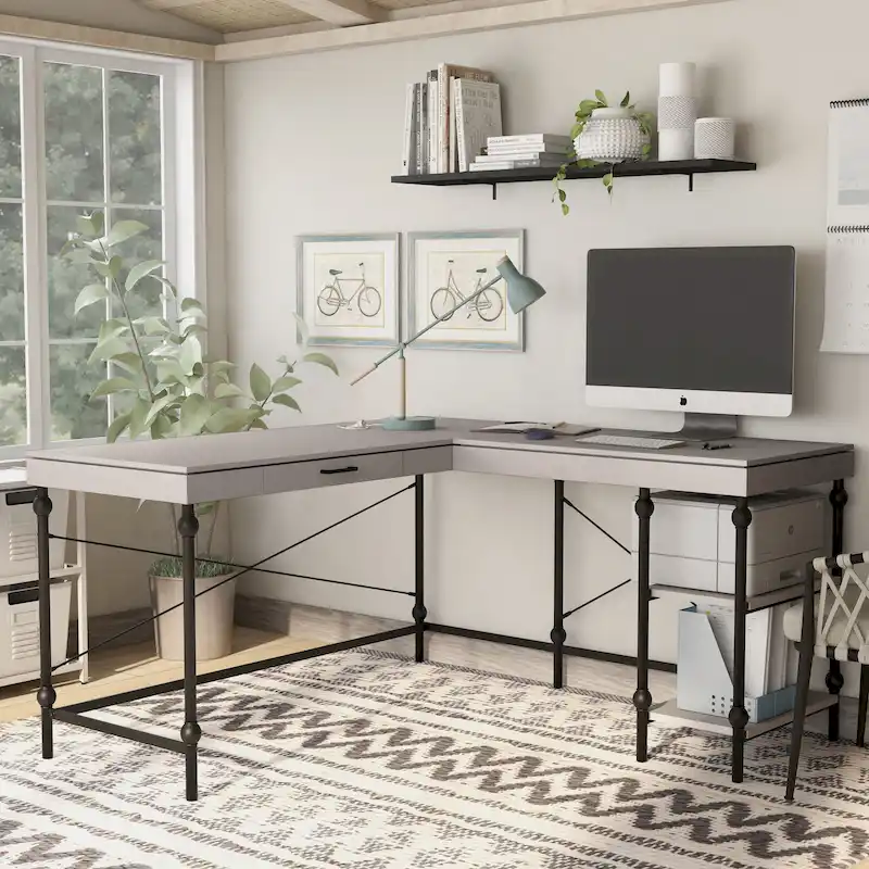 Haley Farmhouse 59-inch Metal L-Shaped Computer Desk with USBs by Furniture of America