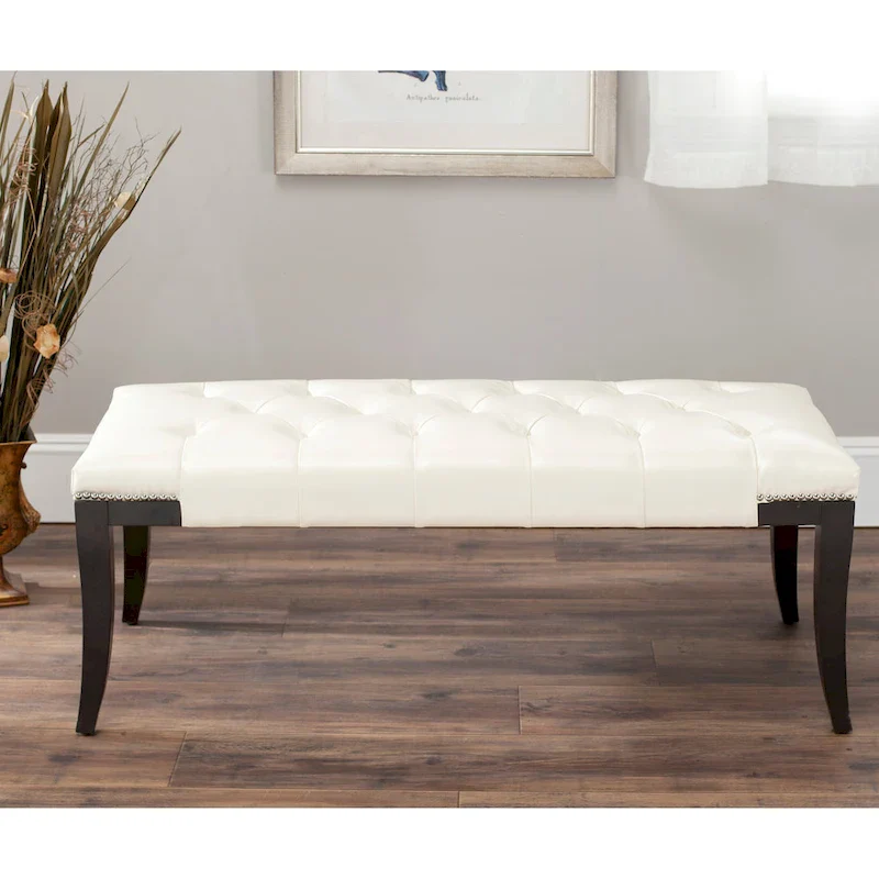 Upholstered Tufted Nailhead Bench, Grey / Black / Cream / Plum, 2-Seat