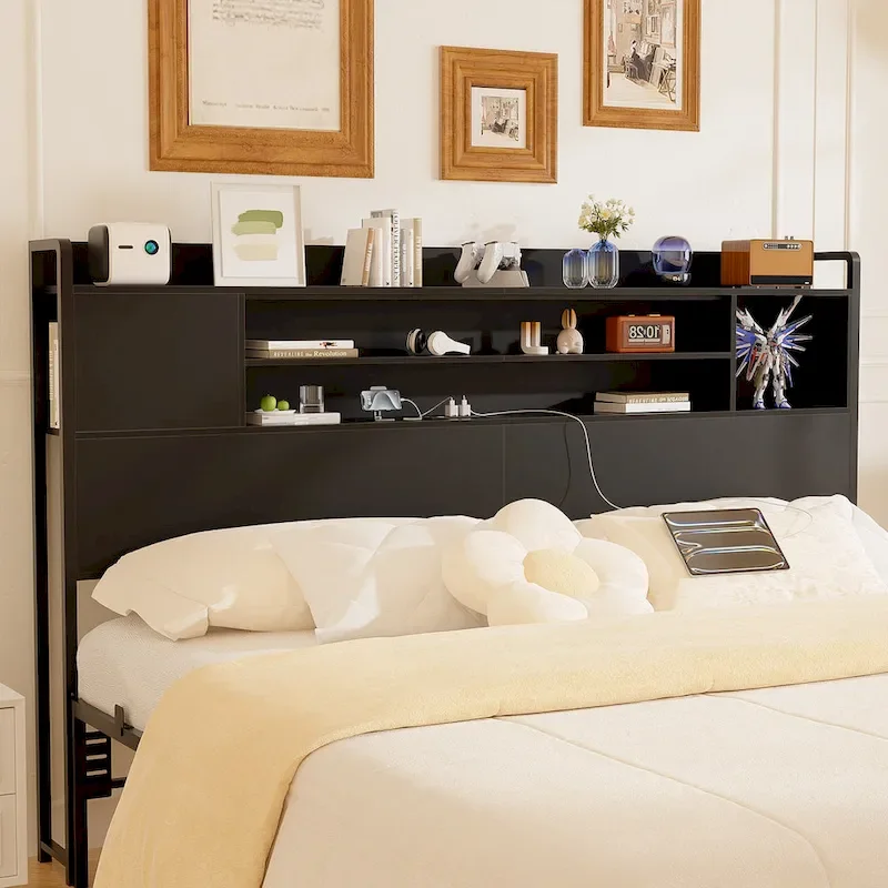 Storage Headboards with Power Outlet and LED Light, Head board with Storage Shelves for Bed Frame
