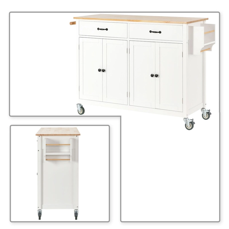 Classic Wooden Kitchen Island Cart with 2 Drawers, 2 Cabinets, a Towel Rack and a Spice Rack